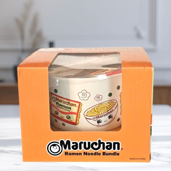 Ramen Bowl Maruchan Kawaii Noodles Ceramic Bowl with Reusable Bamboo Chopsticks - Picture 1 of 5